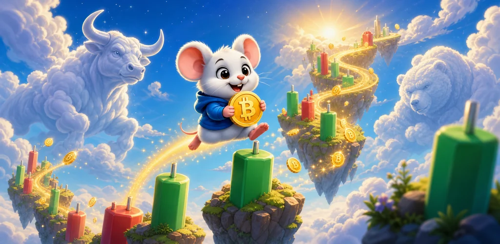 Hodler's Odyssey mouse hero crossing a Bitcoin chart in the clouds